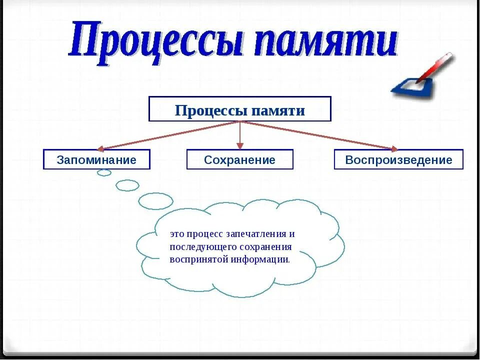 Процессы памяти в психологии схема. Процессы памяти запоминание сохранение воспроизведение забывание. Характеристика процессов памяти. Характеристика основных процессов памяти в психологии.