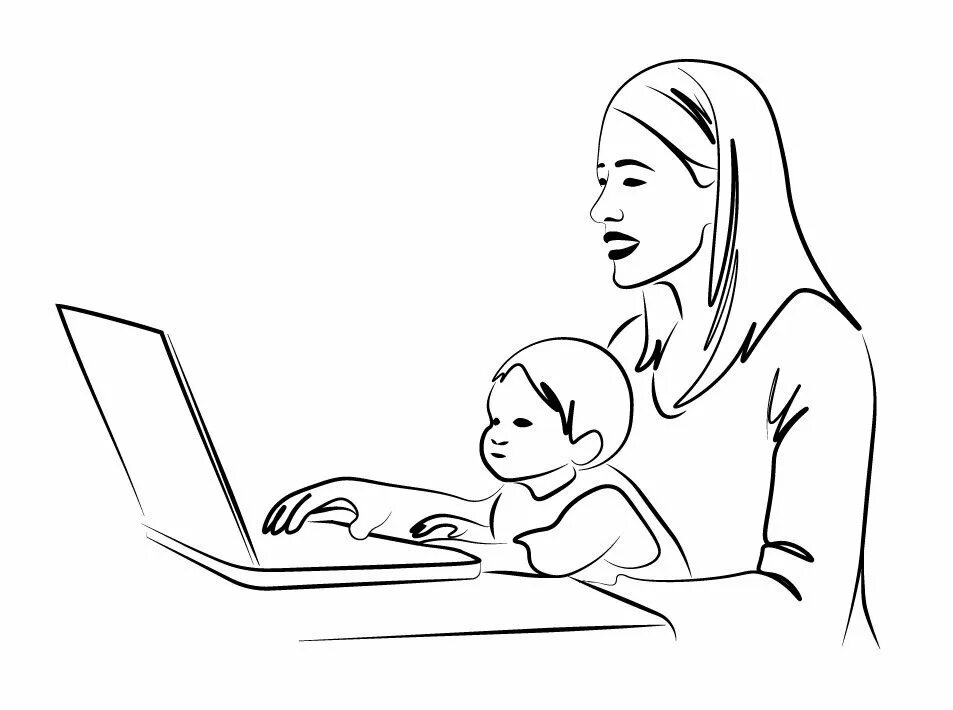 Рисунки мама работает мамой. Мама и компьютер. Женщина за компьютером рисунок. Мама с ребенком за компьютером. Рисунок мама на работе за компьютером.