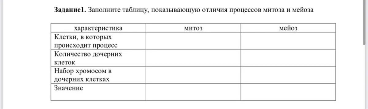 Заполните таблицу, показывающую отличия процессов митоза и мейоза 4 четверть Цел