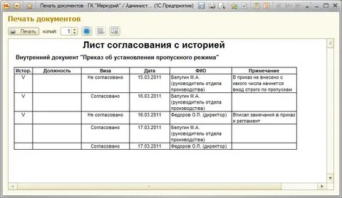 1с согласование документов
