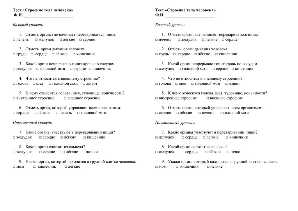 Проверочная работа по окружающему миру строение человека