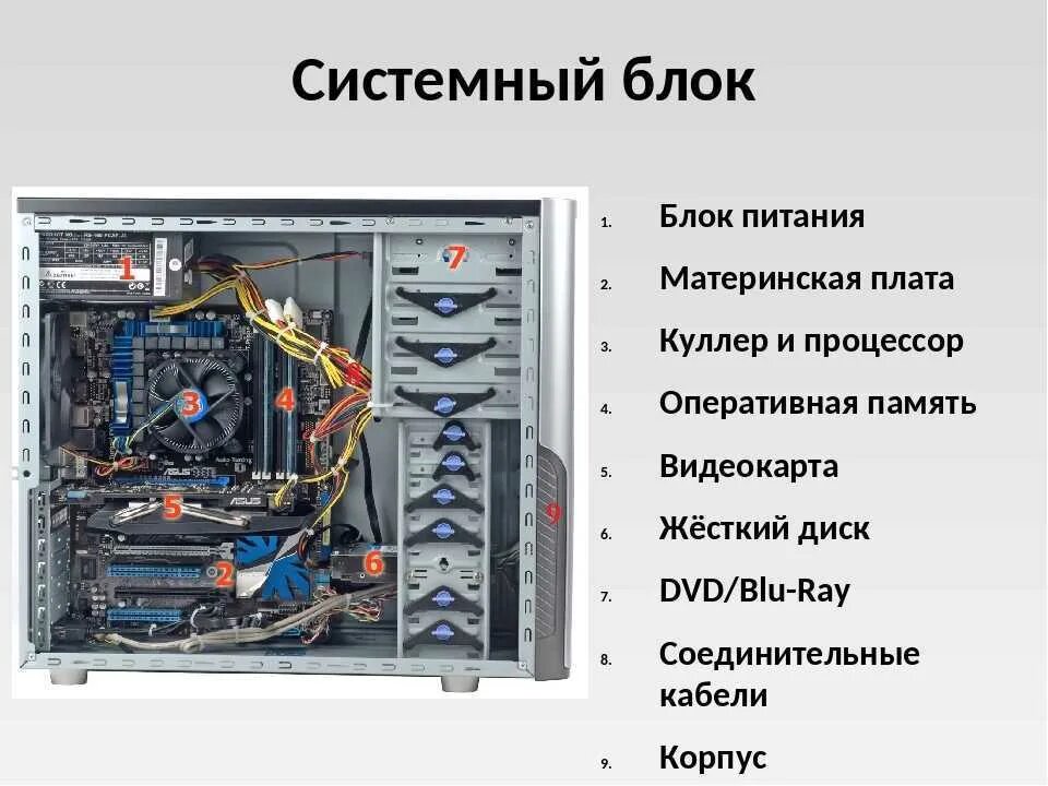 Внутренние компоненты системного блока схема. Составляющие компоненты системного блока ПК. Процессор расположен внутри системного блока на. Состав компьютерного блока. Собраный или собранный