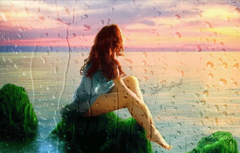 Душе отрадно. Рыжая девушка под дождем. Летний дождь. Летний дождь на море. Гифы море и девушка.