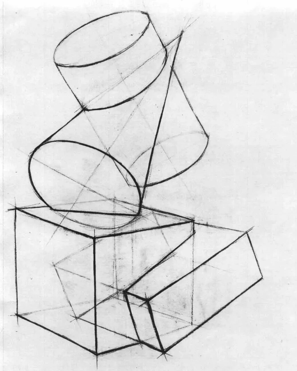 Аналитический рисунок. Врезка геометрических фигур (перспектива из 2 точек ). Композиция из геометрических тел (построение, перспектива). Врезки 5 геометрических фигур. Композиция из фигур в пространстве.