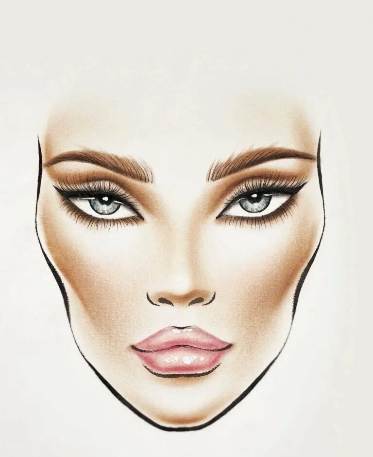 Фейсчарт мак. Фейсчарт контуринг. Девушка с косметикой. Макияж рисунок акварелью. Эскизы причёсок на девушек.