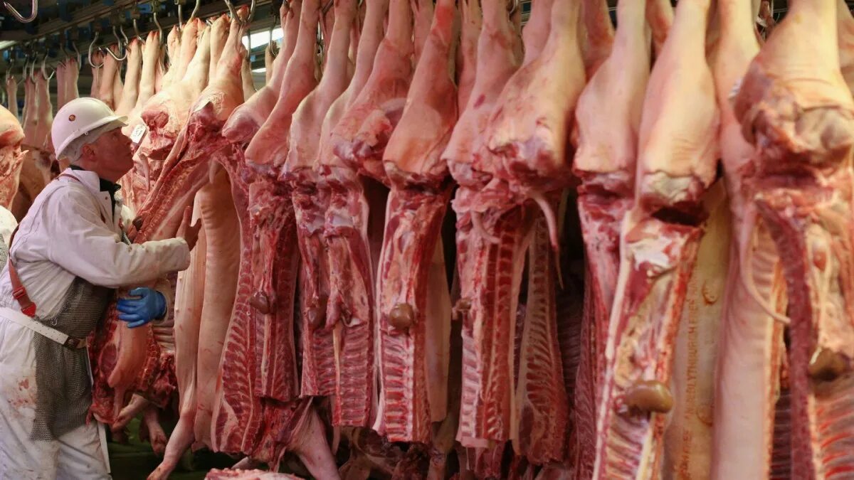 Рынок мясной продукции. Много мяса.