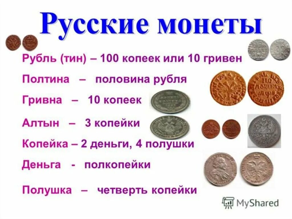 Что такое рубль 3 класс. Деньга, полушка, Алтын, гривна. Рубль копейка полушка. Рубль грош гривна Алтын копейка. Полушка грош деньга копейка.