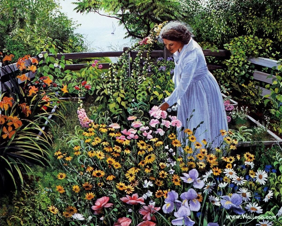 Как пройти ожидания среди цветов. Цветы в саду живопись. Садовница в саду. Женщина в саду с цветами. Садовник в саду.