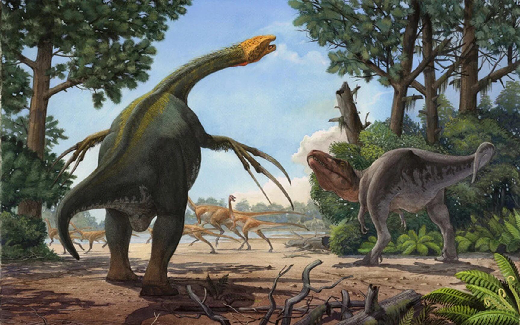 Люди мезозойской эры. Теризинозавр палеоарт. Тираннозавр и Теризинозавр. Тарбозавр Теризинозавр.