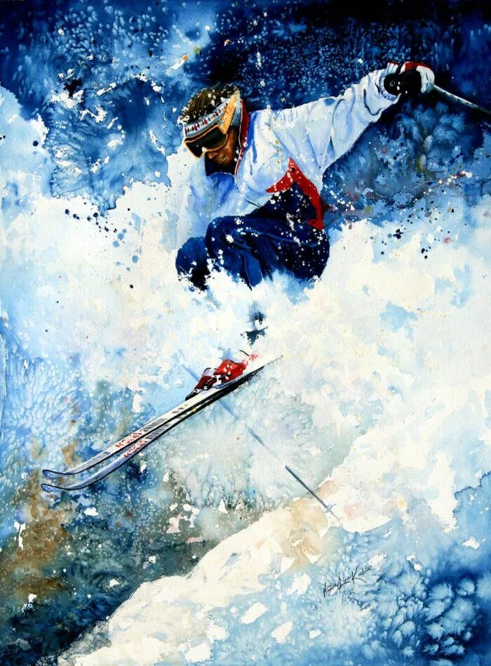Картина лыжники. Горные лыжи живопись. Горнолыжный спорт. Живопись горнолыжный спорт. Горнолыжник акварель.