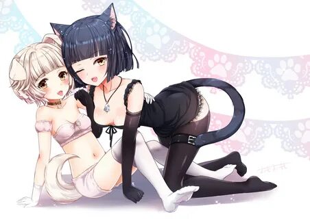 2girls animal_ears black_hair catgirl collar doggirl dress elbow_gloves fan...