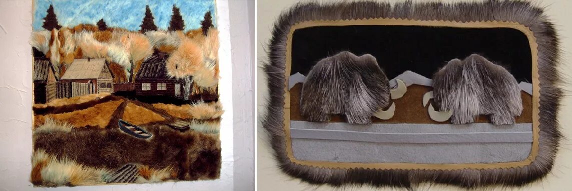 панно из кожи и меха. панно из кусочков меха. картины из оленьего меха. сувениры из меха оленя. аппликация из меха.