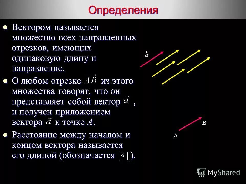 Множество значений содержит отрезок. Вектор это множество направленных отрезков. отрезок, имеющий направление, называется .... отрезок имеющий длину и направление. свободный вектор это множество направленных отрезков.