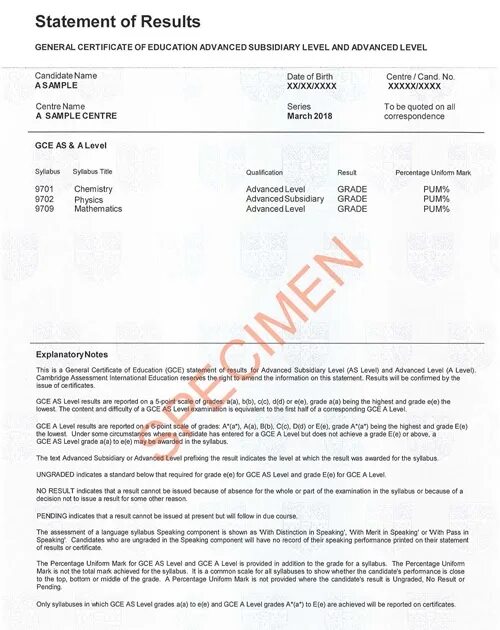 Sample level. - gce a level: (general certificate of education). certificate gce\a level. statement of results a-levels. general certificate of education advanced subsidiary gce and advanced gce qualification number (qn).