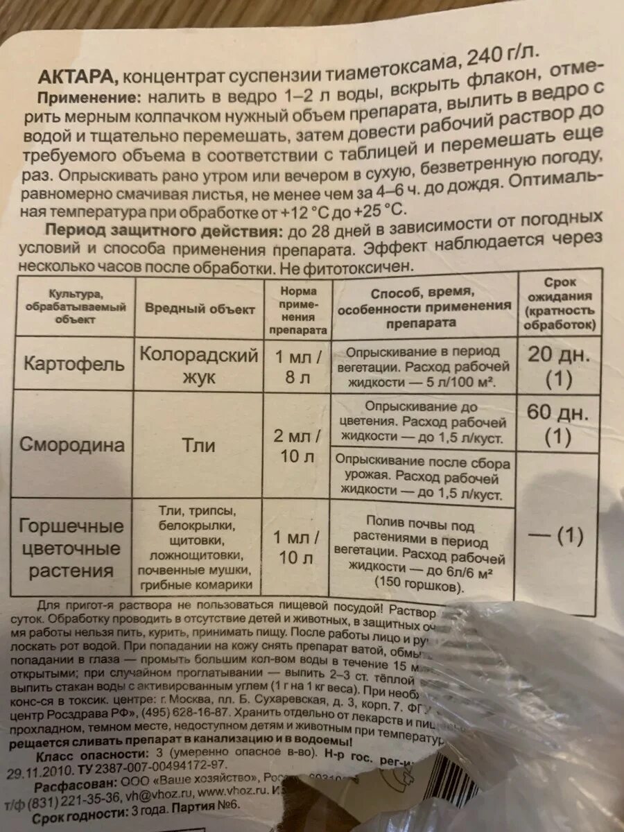 Актара срок ожидания после обработки