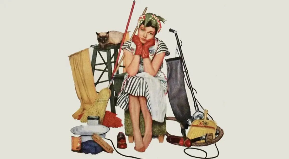 Norman Rockwell художник домохозяйка. Уборка иллюстрация. Женщина уборка.