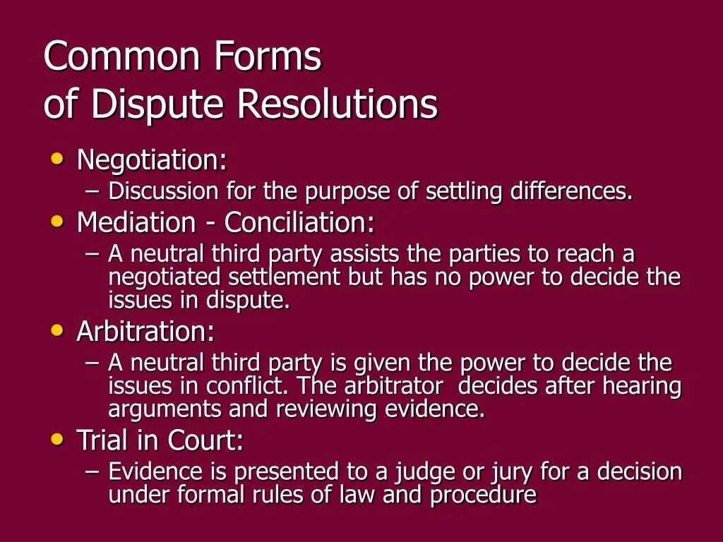 Common form. Mediation, Conciliation. Alternative dispute Resolution Types. Resolution of legal disputes. Разница “Mediation” и “Arbitration”.