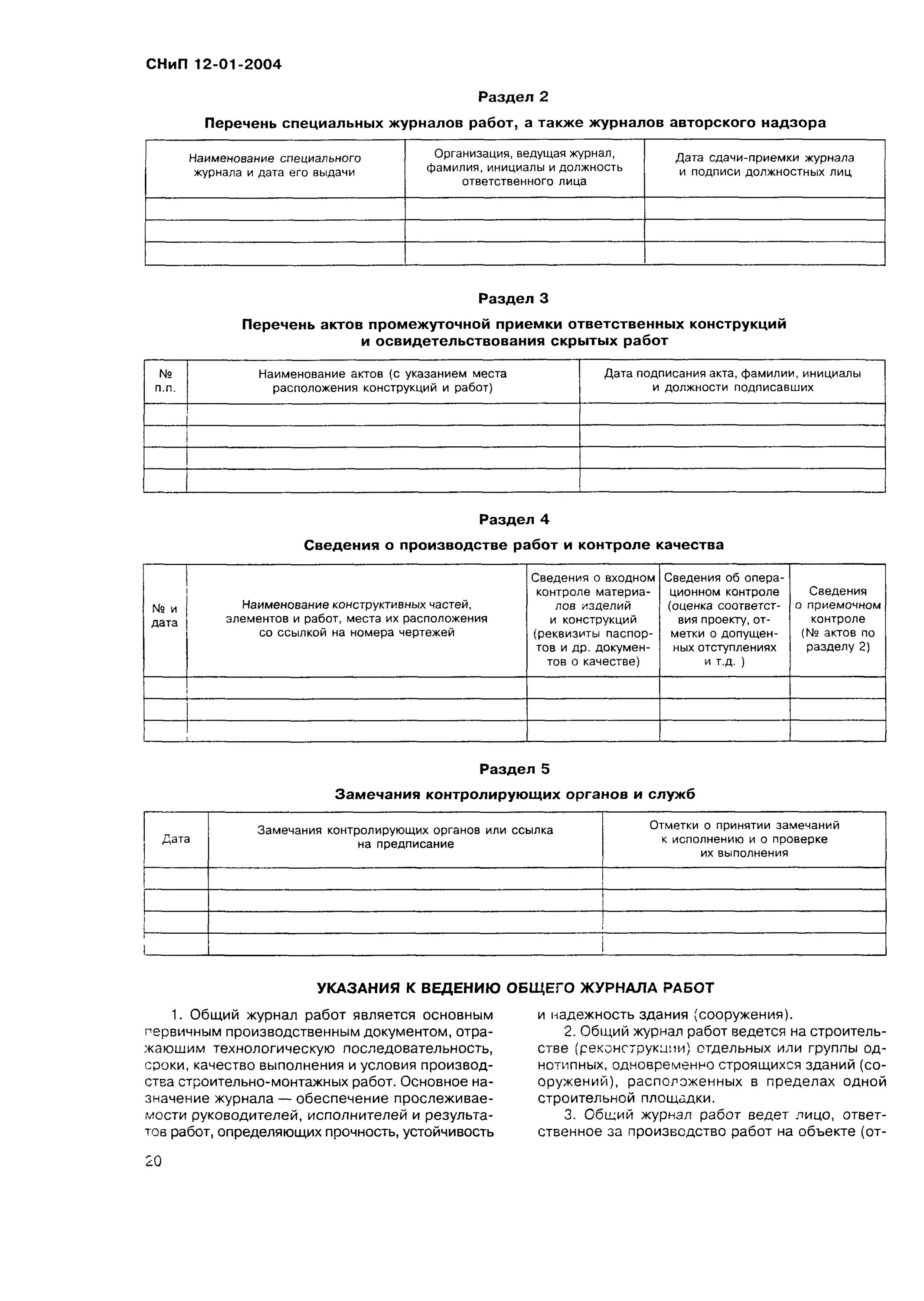 СНИП 12-01-2004. Перечень специальных журналов работ в строительстве. СНИП 12-01-2004 организация строительства. Замечания контролирующих органов и служб. Снип 12 01 2004 статус на 2023