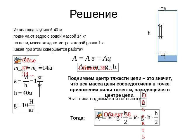 Ведро с водой общей массой. Из колодца глубиной 40 м поднимают ведро с водой массой 14 кг. Из колодца глубиной 40 м. Ведро воды из колодца глубиной 3 м. Задача на расчет механической работы.