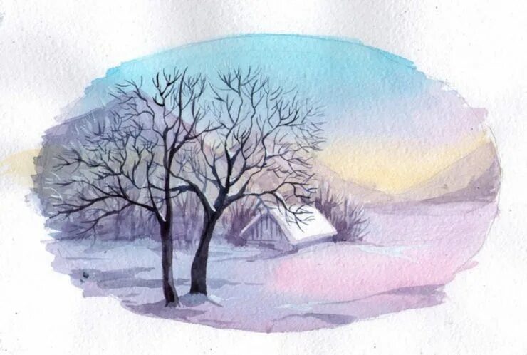 Для начинающих нарисовать зимний пейзаж. Зимние картинки для срисовки. зимний пейзаж акварельными карандашами. зимний пейзаж акварелью для начинающих. легкий зимний пейзаж акварелью.