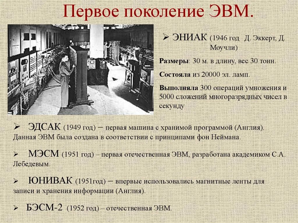 1 ое поколение. Первое поколение ЭВМ ЭНИАК. ЭНИАК представитель 1 поколения ЭВМ. I поколение ЭВМ (1946 - 1958). Развитие электронно вычислительной техники ЭВМ первого поколения.
