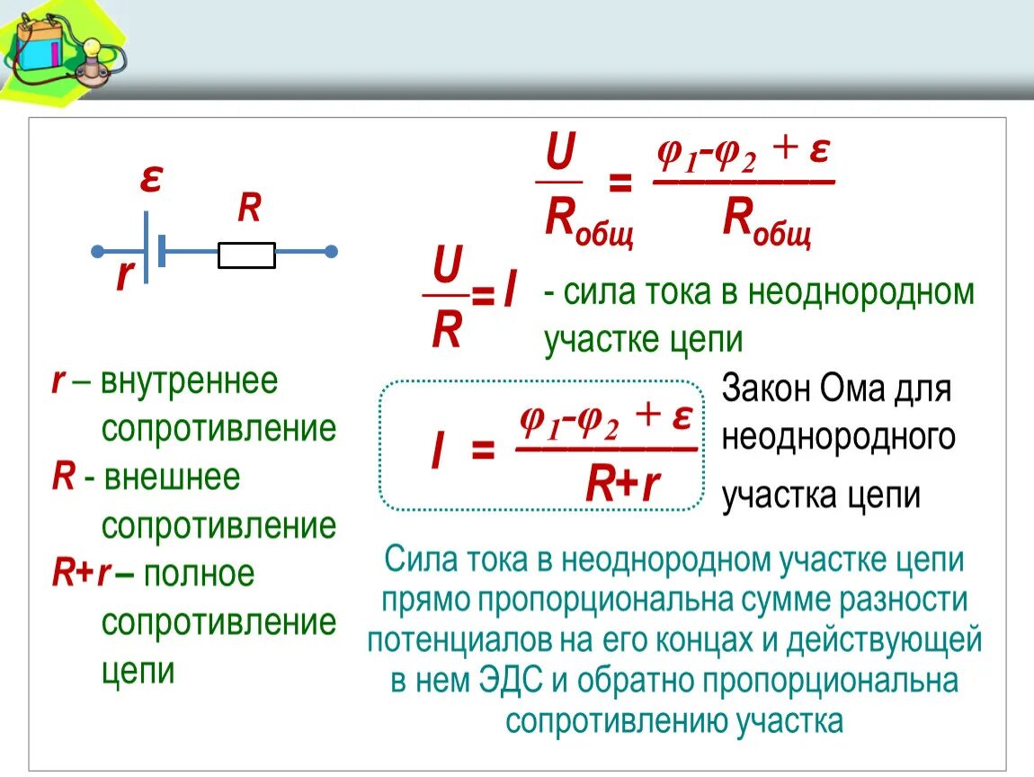 Формула силы тока в физике через сопротивление. Формула закона закона Ома для участка цепи. Закон Ома для неоднородного участка электрической цепи формула. 1. Закон Ома для участка и полной цепи.. Формула закона Ома для участка электрической цепи постоянного тока.