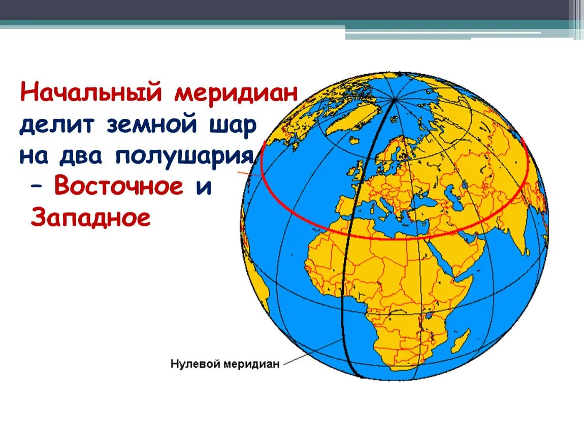 На карте полушарий найдите нулевой меридиан. Начальный Меридиан. Начальный Меридиан на карте. Меридианы которая делит земной шар на Западное и Восточное. Главный начальный Меридиан.