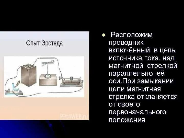 Что происходит пока цепь замкнута. Опыт Эрстеда магнитное поле. Опыт Эрстеда проводник с током. + И - источники тока с магнитной стрелкой. Опыт с источником тока и магнитной стрелкой.