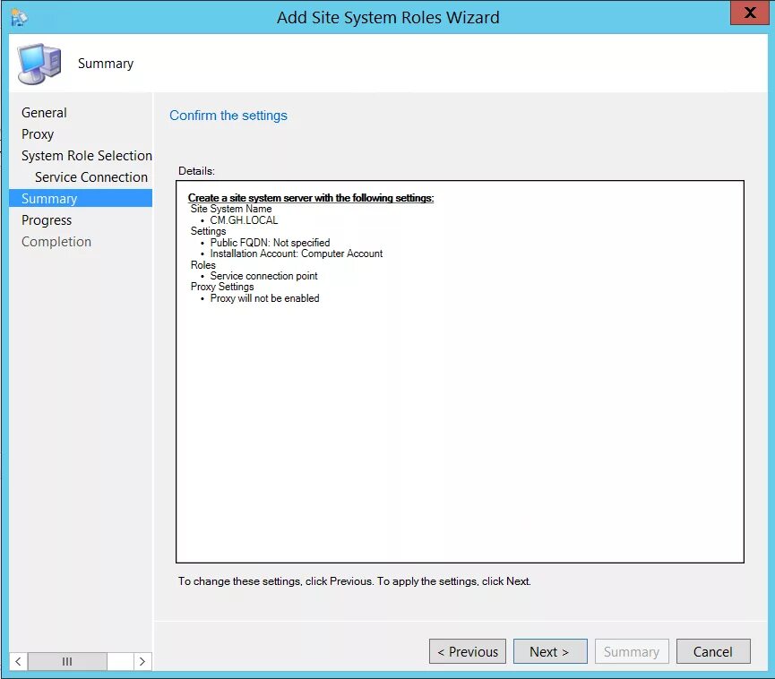 Site system. SCCM. Role System. Website setting. «Applicant Summary Screen.