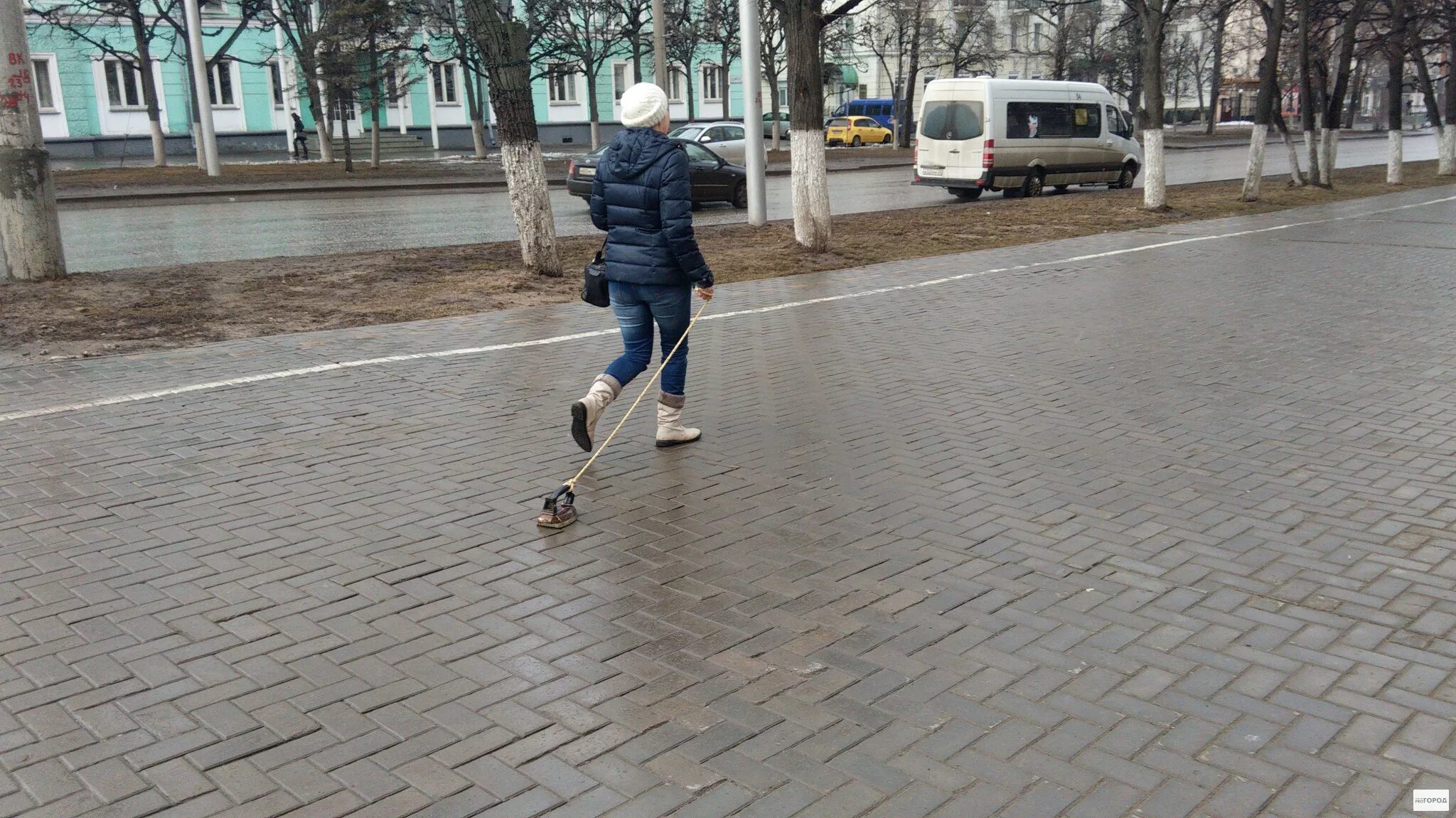С тобой гуляем весело по улице идем. Выгуливает утюг. человек на поводке. человек поводком на улице. человек в тапочках на улице.