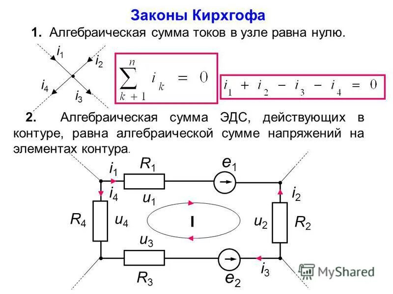 Схема второго закона Кирхгофа. 1 Закон Кирхгофа для электрической цепи формула. Второй закон Кирхгофа Электротехника. Первый закон Кирхгофа схема формула.