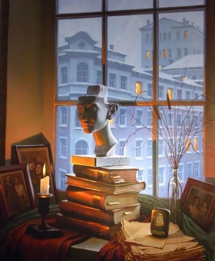 Чтение зимним вечером. «Натюрморт с книгами». Картина окно. Натюрморт на окне. Натюрморт с видом из окна.
