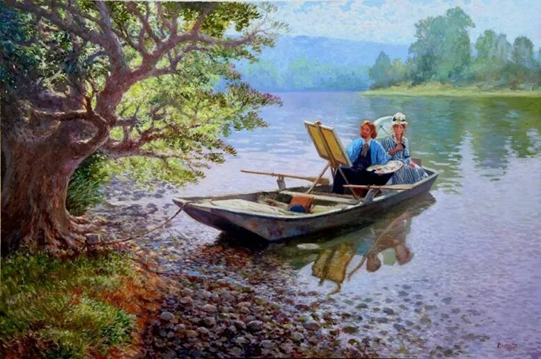 Washington Maguetas. Бразильский художник Washington Maguetas. Двое в лодке живопись. Картина лодка.