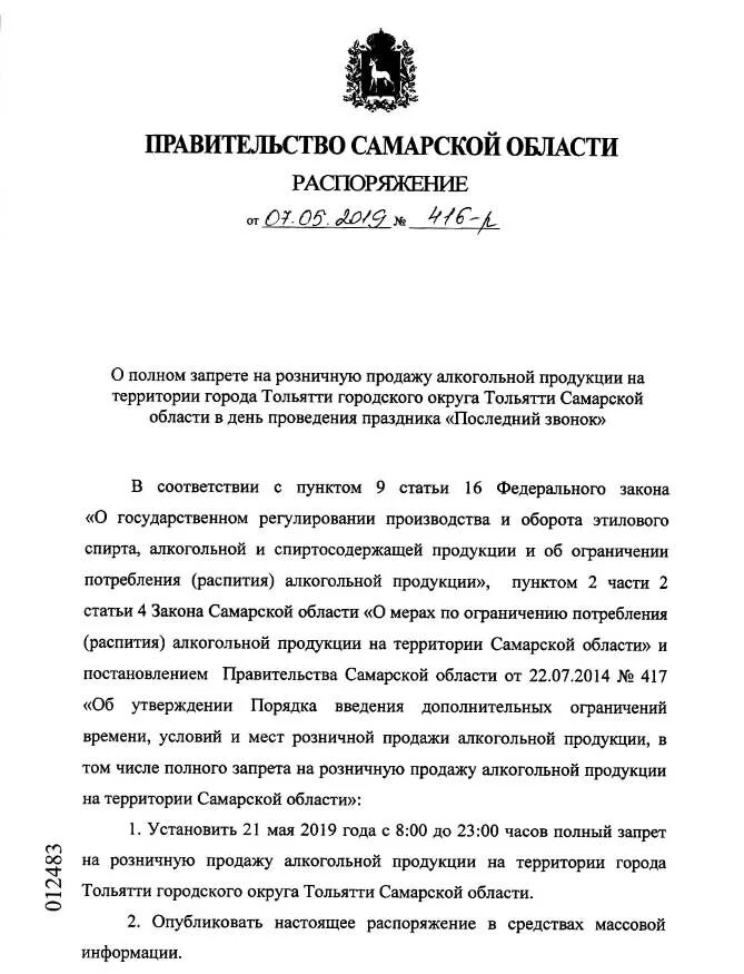 Распоряжение об ограничении продажи алкогольной продукции. Запрет на продажу доли