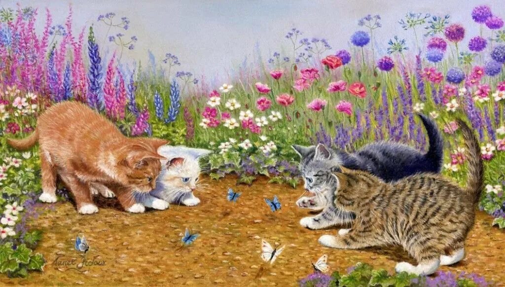 Английская художница Janet Pidoux. Картина для рассматривания кошка с котятами. Сюжетная картина кошка с котятами. Кошка с котятами Веретенникова