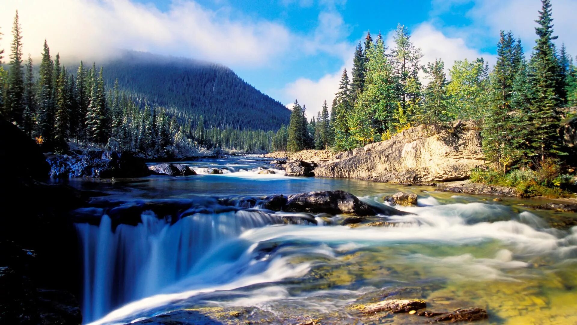 3 1920x1080. Водопад Киваккакоски. Природа. Красивые пейзажи природы. Горы лес водопад.