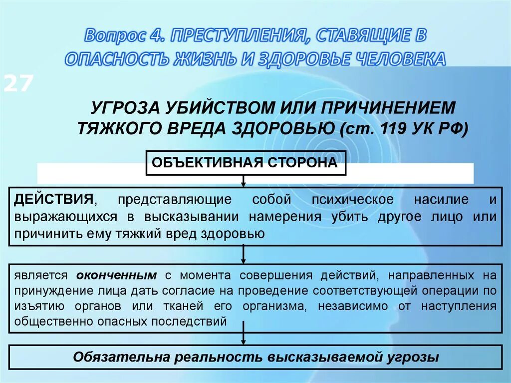 Угроза убийством ук рф наказание. Угроза убийством или причинением тяжкого вреда здоровью виды. Угроза убийством ст 119 УК. Статья по угрозе причинения вреда здоровью.