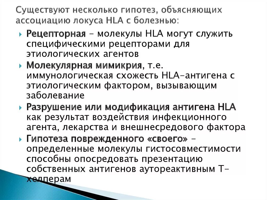 Гипотезы связи HLA И заболеваний. Связь HLA антигенов с различными заболеваниями. Существует несколько гипотез. Связь HLA С болезнями.