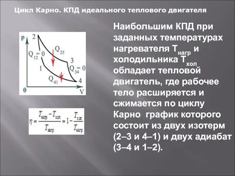 Идеальная тепловая машина формула. КПД цикла Карно формула. Цикл Карно КПД тепловой машины. Тепловая машина цикл Карно формулы. КПД тепловых машин цикл Карно.