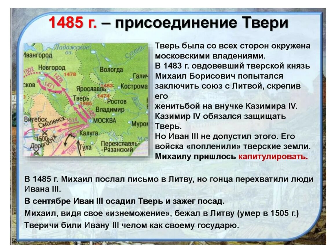 Когда смоленск был присоединен к московскому государству. 1485 Год присоединение Твери. Присоединение Твери к Москве год. 1485 Год Тверь.