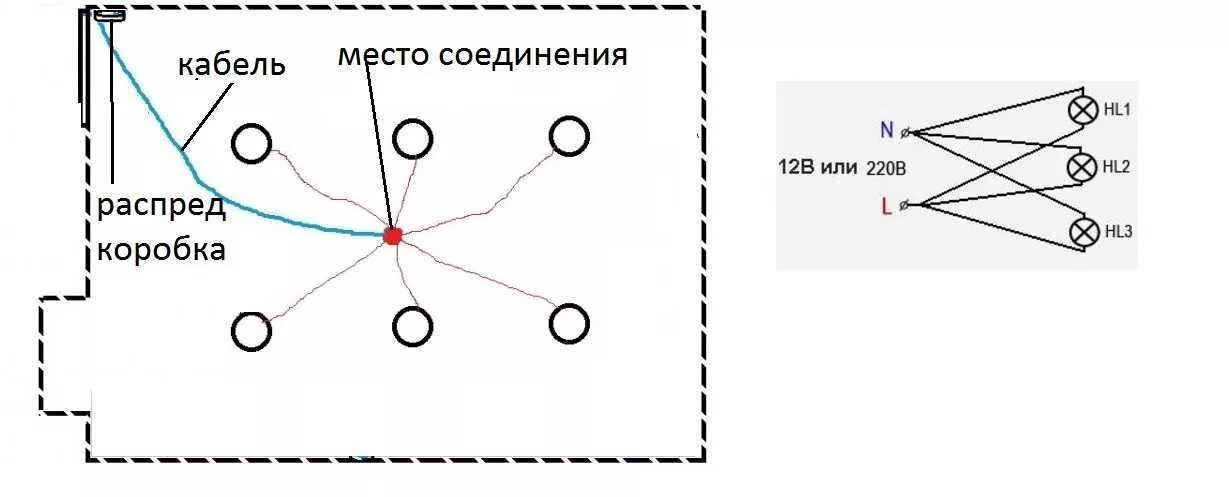 Соединение 6 точек. Схема подключения потолочных точечных светильников 220в. Схема проводки точечных светильников на потолке. Схема подключения светильников в натяжном потолке. Схема монтажа проводки точечные светильники 220.