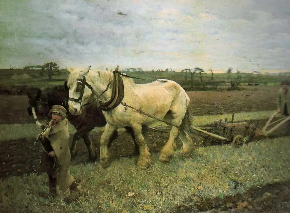 Джордж Клаузен (1852-1944). Сэр Джордж Клаузен. Пахота в картинах русских художников 19 века. Крестьянская лошадь.