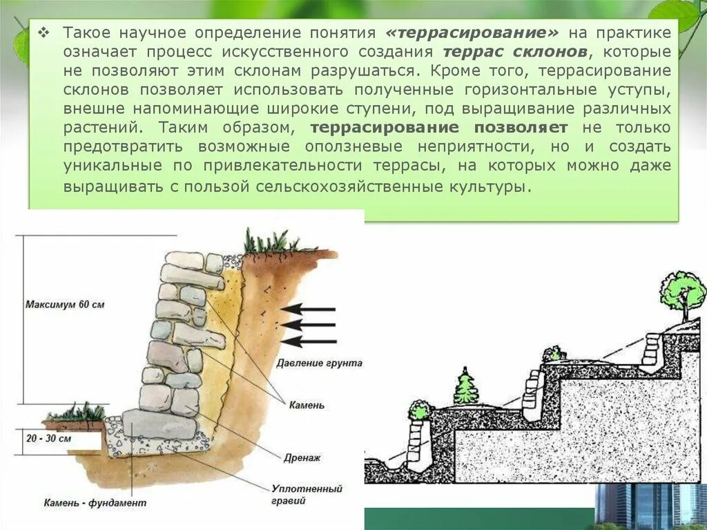 Как можно укрепить склон оврага 2 класс. Террасирование бетонная подпорная стена. Террасирование склона схема. Строение террасы на склоне. Ступенчатые террасы на склоне.