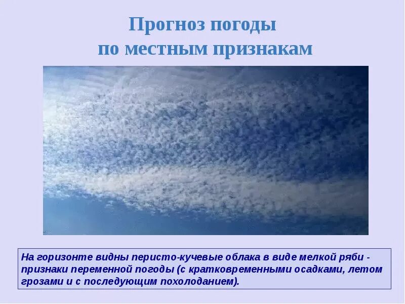 Виды облаков. Кучевые облака осадки. Предсказание погоды. Определение погоды по местным признакам.