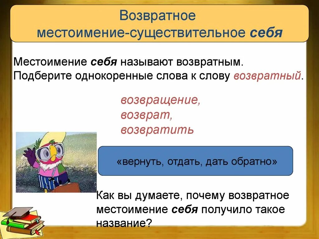 Возвратное местоимение себя урок 6 класс презентация. Возвратное местоимение себя. Возвратные местоимения себя в русском языке 6 класс. Почему местоимение себя называется возвратным. Возвозратное местоименое.