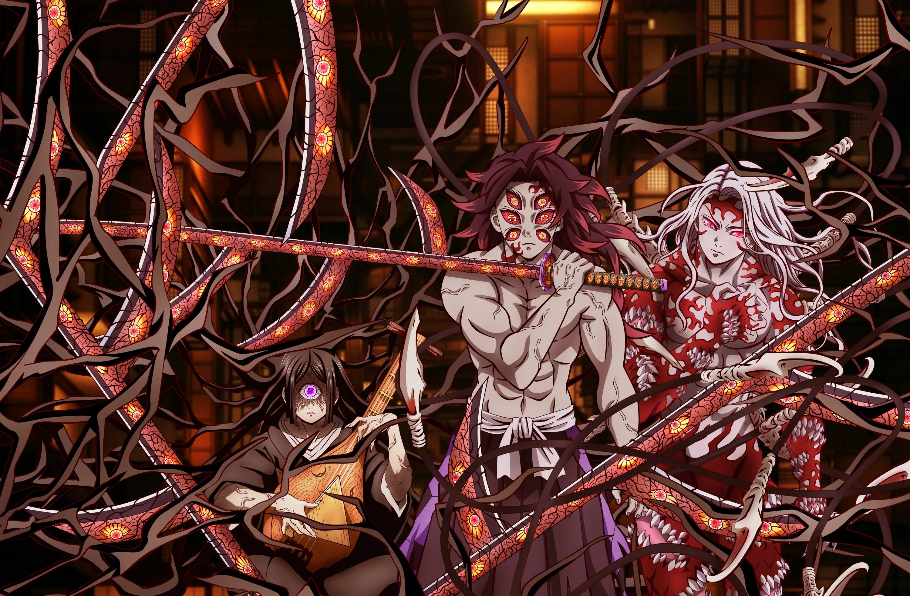 Клинок демонов деревня. Demon Slayer Kokushibo. Nakime Kimetsu. Nakime Demon Slayer. Demon Slayer Kimetsu обои.