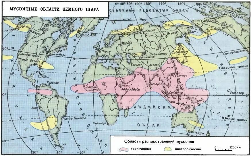 Муссонный климат на карте. Подобласти муссонного климата.