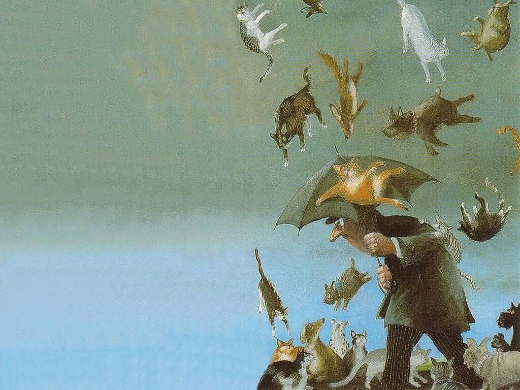 Дождь из животных. Дождь из рыбы. дождь из лягушек. raining cats and dogs иллюстрация.