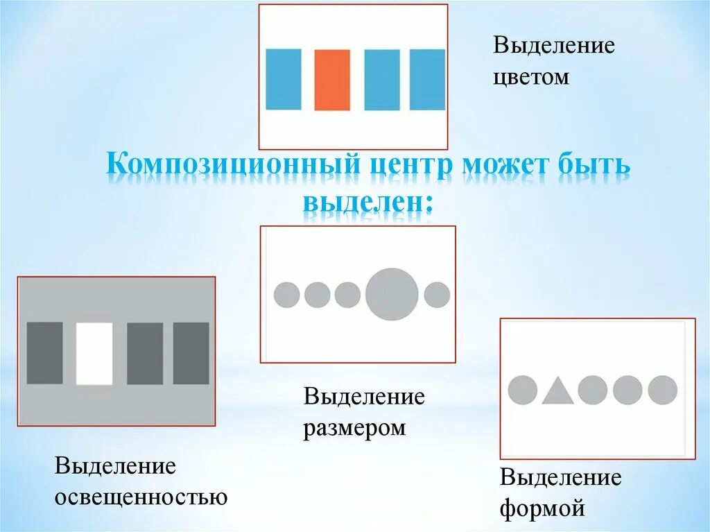 Сколько композиционных частей можно выделить. Композиционный центр. Способы выделения композиционного центра. Выделение размером в композиции. Выделение композиционного центра в композиции.