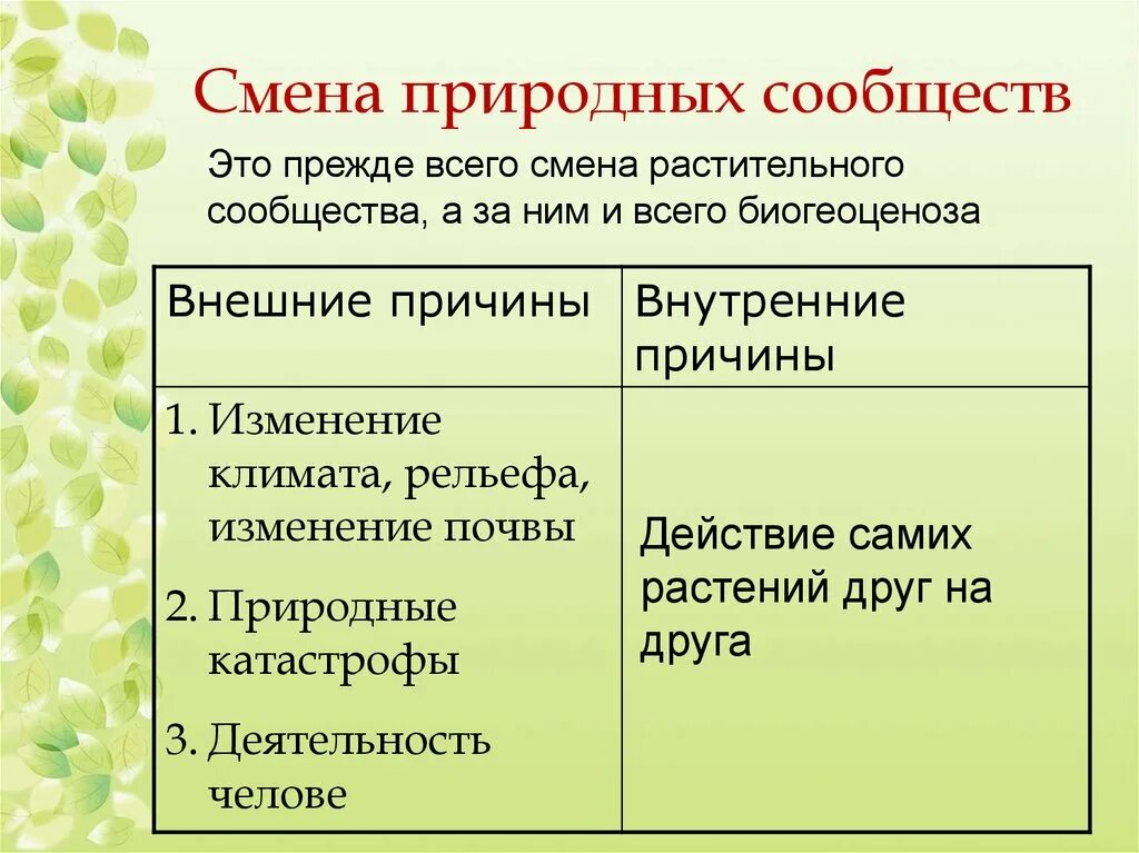 Как происходит смена сообществ. Причины смены природных сообществ причины. Причины изменения природного сообщества. Внешние причины природных сообществ. Причины смены природных сообществ внутренние и внешние.